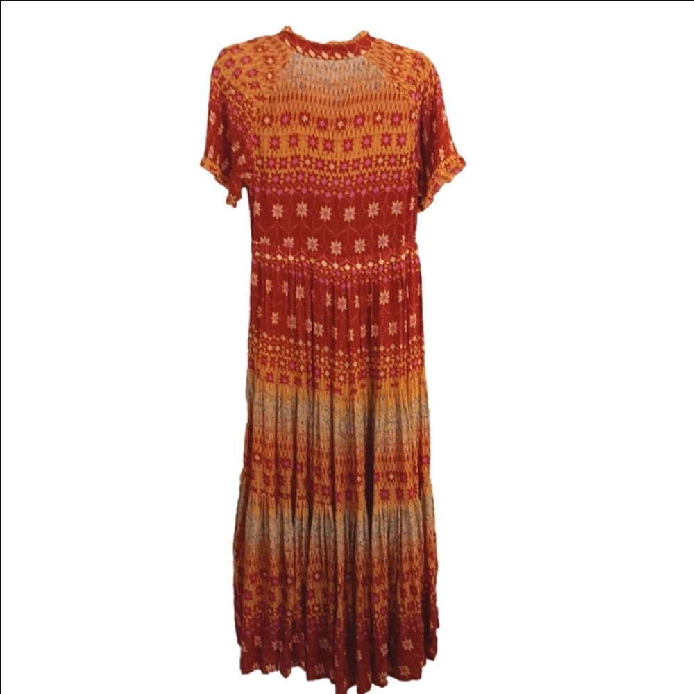 Free People Floral Rare Feelings Maxi Dress Orange & Fuchsia Boho Print Gauze - Picture 12 of 13